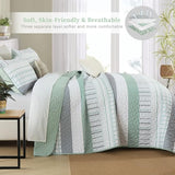 DJY Striped Quilt Set King Size, Sage Green Boho Bedspread Set 3 Pieces Patchwork Coverlet Bedding Set Lightweight Soft Microfiber for All Season (104"x90") DJY