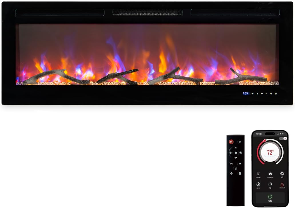 Electric Fireplace, 50 Inch Wall Mounted Fireplace Heater with Adjustable Flame Color, Compatible with WiFi & Remote, Recessed/in-Wall Recessed Fireplace Insert, Touch Screen, Low Noise, 12Hrs Timer Euker