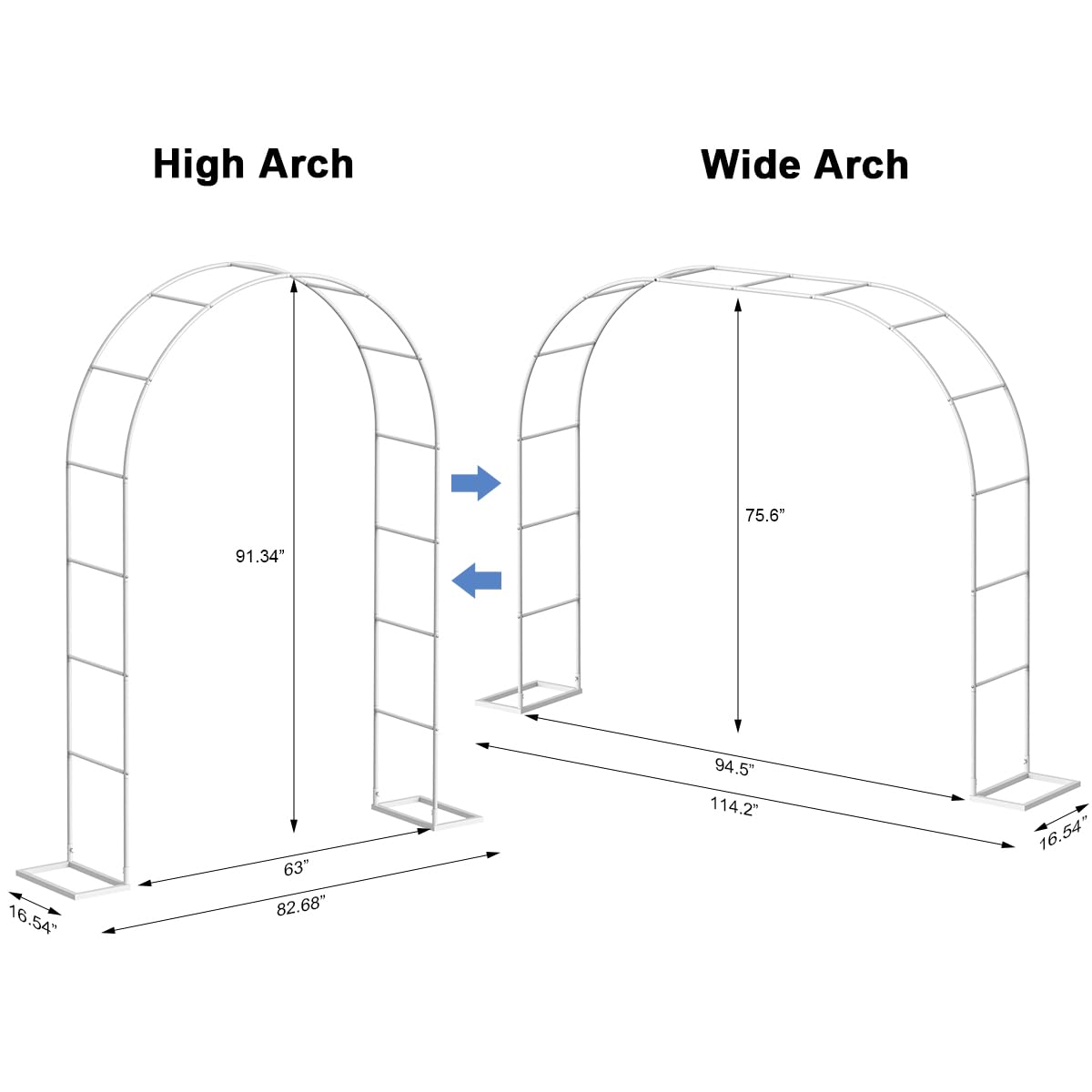 HEOMU Metal Garden Arch Trellis, 5.3 Feet Wide x 7.6 Feet High or 7.9 Feet Wide x 6.3 Feet High, Assemble Freely 2 Sizes, Garden Arbor for Climbing Plant Outdoor & Indoor, Wedding Party Bridal, White HEOMU