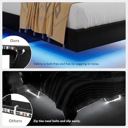 iPormis Floating Twin Size Bed Frame with LED Lights & Charging Station, Platform Bed with Wooden Storage Headboard, Heavy Duty Slats Support, No Box Spring Needed, Easy Assembly, Noise-Free, Black iPormis