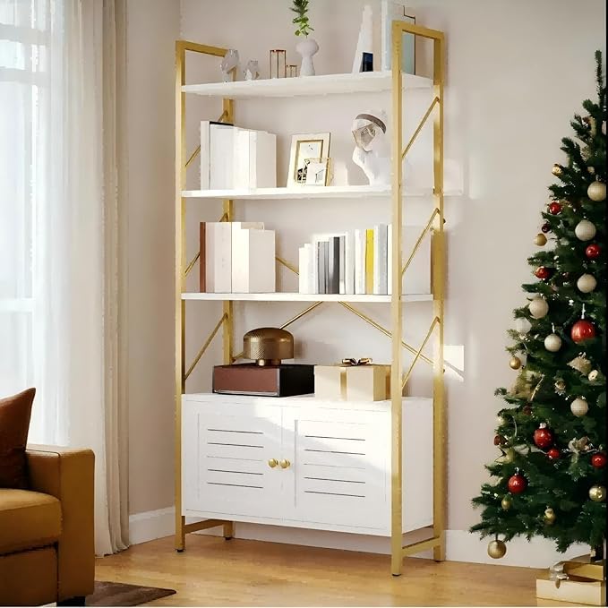 YITAHOME Bookshelf with Storage Cabinet, Modern Bookcase Standing 5 Tiers Book Shelves Display Rack with Doors for Bedroom Living Room Office, White Gold YITAHOME
