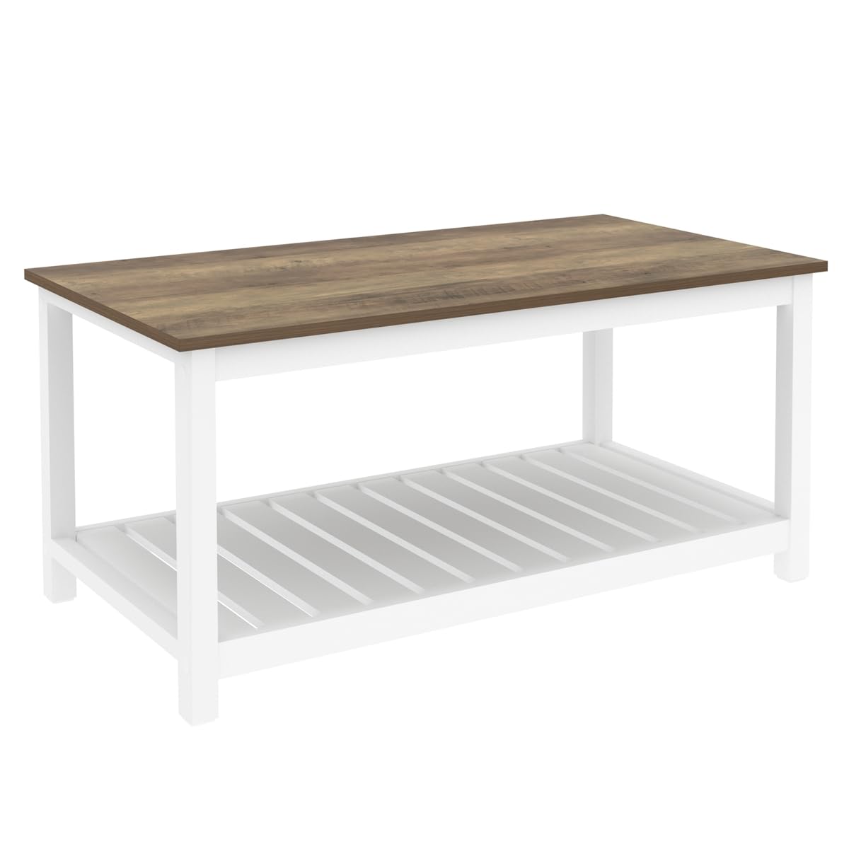 FOLUBAN Farmhouse Coffee Table with Storage Shelf, Rustic Vintage Wood Cocktail Table for Living Room, White FOLUBAN