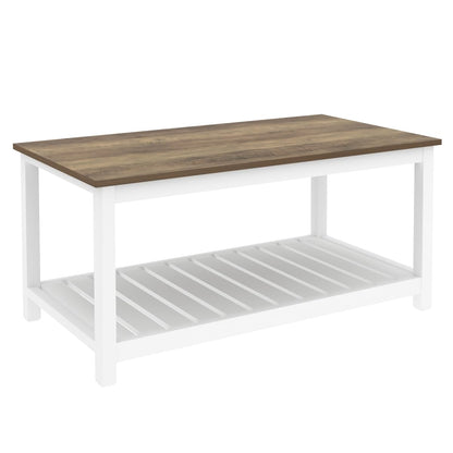 FOLUBAN Farmhouse Coffee Table with Storage Shelf, Rustic Vintage Wood Cocktail Table for Living Room, White - WoodArtSupply