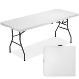 FDW 6 Foot Outdoor Dining Table, Foldable Portable Rectangular Plastic Folding Table with Built in Carrying Handle for Party and Wedding Use, White FDW