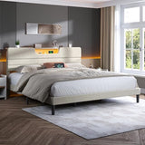 OURPIC King Size Bed Frames with Upholstered Headboard, Modern Platform Bed with Charging Station and Led Lights, Bed Frame with Sturdy Wooden Slats/No Box Spring Needed/2-Tier Storage, Beige OURPIC