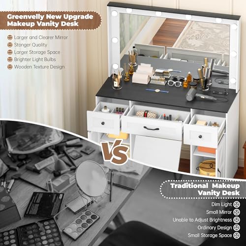 INTERGREAT 57" Makeup Vanity Desk with Large Mirror and 10 LED Lights,Dressing Table with Power Outlet & 5 Drawers,3 Lighting Color Adjustable,Vanity Desk for Girls,White INTERGREAT