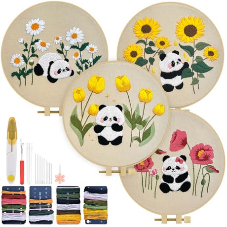 TINDTOP 4 Sets Embroidery Kit for Adult, Panda Embroidery Practice Kits for Beginners Include Embroidery Cloth Hoops Threads for Craft Lover Hand Stitch with Embroidery Skill Techniques TINDTOP