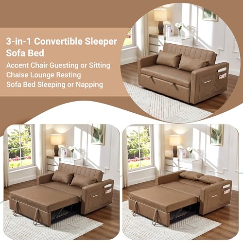 N NOORDENIYA 55'' Leather Sofa Bed, Pull Out Sleeper Sofa Couch Bed, Loveseat Sleeper, Futon Sofa Couch with Side Pocket, Convertible Sofa Bed for Living Room, Apartment, Bedroom, RV, Brown N NOORDENIYA