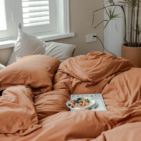 AMWAN Jersey Knit Cotton Duvet Cover Set Solid Pumpkin Color, Luxury Soft Comforter Cover Queen Size 3 Piece Bedding Set 1 Duvet Cover 2 Pillowcases Set AMWAN