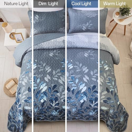 WONGS BEDDING Blue Quilt Set King Size,3 Pieces Navy Blue Floral Bedspread Coverlet Set with 2 Pillowcases,Soft Microfiber Lightweight Grayish Blue Gradient Floral Bedding Set 104"×90" WONGS BEDDING
