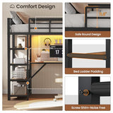 UPOSOJA Loft Bed Twin Size with L Shape Desk,4 Drawers,3-Tier Storage Shelves Metal Loft Bed Frame with Power Outlet and LED Lighted,No Box Spring Needed,Space-Saving,Noise Free,Brown & Black UPOSOJA