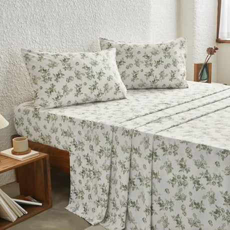 Wake In Cloud - Floral Bed Sheets, 4-Piece Sheet Set, Shabby Chic Botanical Coquette Cottagecore Vintage Flower Pattern Printed Bedding, Deep Pocket, Sage Green, Twin Size Wake In Cloud