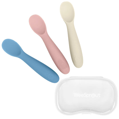 WeeSprout Baby Spoons for Self Feeding 6 Months +, Soft & Durable Silicone Utensils for Sensitive Gums & Teeth, Easy Grip Handles & Shorter Length for Little Hands, 3 Pack + Carrying Case