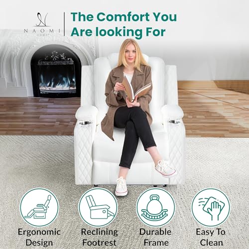 Naomi Home Chicago Power Recliner Chair with LED Lights, USB Charging Port, Adjustable Headrest, Cup Holders & Detachable Tray Tables, Faux Leather Home Theater Seating Recliner - White