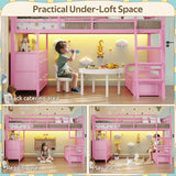 busyaeh Twin Loft Bed,Low Loft Bed with 9 Storage Drawers & 15.8" H Safety Guardrail & Inclined Ladder & Safety Handrail & LED Lights and Charging Station，Kids Loft Bed,Pink busyaeh