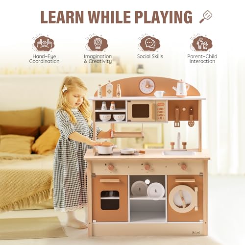 ROBUD Wooden Play Kitchen for Kids Toddlers, Kids Kitchen Playset with Realistic Accessories, Toy Kitchen Set with Plenty of Play Features, Modern Style Toy Kitchen for Girls & Boys, 3+, Caramel ROBUD