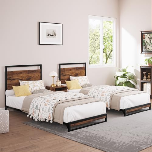GAOMON Twin Bed Frame with Wood Headboard and Footboard, with Under Bed Storage, 6 Inch High, No Box Spring Needed, Easy Assembly, Rustic Brown GAOMON