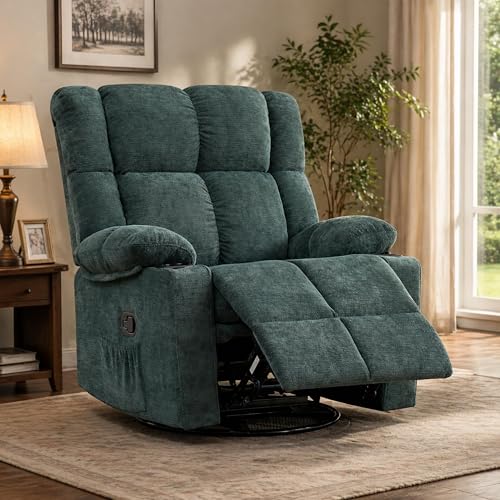 Coziture Swivel Rocker Recliner,Rocking Reclining Chair with Adjustable Headrest for Adults,Upholstered Fabric Swivel Recliner Chair for Bedroom,Living Room,Green