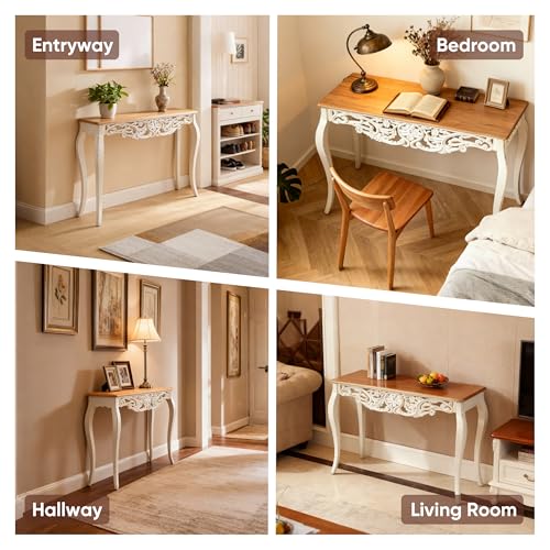 Console Table for Entryway with Carved Details, 43.31" Long Sofa Table Behind Couch, Vintage French Country Entry Table with Wood Carvings and Curved Legs for Hallway, Living Room - Antique White Dorivibe