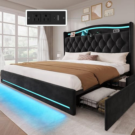 YITAHOME King Size Bed Frame with 4 Storage Drawers and RGB LED Lights, 57'' Tall Headboard Velvet Upholstered Bed with Charging Station, No Box Spring Needed, Easy Assembly, Noise-Free, Black YITAHOME