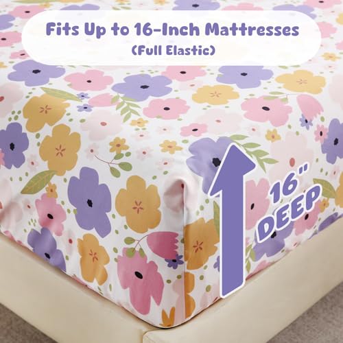 LONAVA Queen Sheet Set Kids - 4 Pieces Soft Microfiber Cartoon Style Bedsheets for Boys Girls Teens, Oeko TEX, Breathable Deep Pocket Sheets, (Flower) LONAVA