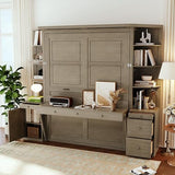 THINK 30 Queen Size Murphy Bed with Desk&Open Shelves&Cabinet, Wooden Foldable Hidden Wall Bed with Foldout Workstation&Drawers, Space-Saving Queen Murphy for Bedroom Study Home Office (Gray Style1) THINK 30