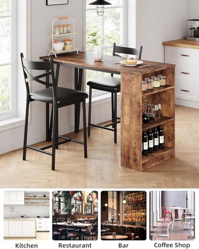 Garvee Bar Table and Chairs Set, 3 Piece Bar Table Set with with Flip Top Extension and Storage Shelves, Dining Table Set for 2, Suitable for Small Space Kitchen Apartment, Brown Garvee