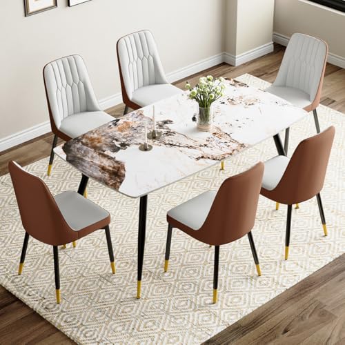 MUUOKY 6 Person Dining Table Set, Sintered Stone Dining Table Set for 6, Kitchen Table Chairs Set of 6, Easy to Assemble MUUOKY