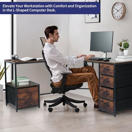 TOPSKY L-Shaped Desk Corner Computer Desk with 18.9" Depth Workstation, Cloth File Cabinet for Letter Size File Folder and 4 Cloth Storage Cabinets (Rustic Brown, 59 * 59 inch) - WoodArtSupply