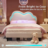 Jocisland Twin Bed Frame for Girls with Adjustable Cloud Headboard, Velvet Upholstered & RGB Lights, 7.1" Underbed Storage, No Box Spring Needed, Cream Jocisland