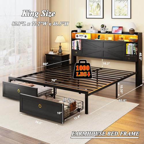Etditrnp King Bed Frame with Storage Headboard, Farmhouse Platform Bed Frame with Bookshelf, Drawers, LED Lights and Charging Station, Metal Slats Support, Noise Free, No Box Spring Needed, Black Etditrnp