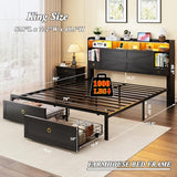 Etditrnp King Bed Frame with Storage Headboard, Farmhouse Platform Bed Frame with Bookshelf, Drawers, LED Lights and Charging Station, Metal Slats Support, Noise Free, No Box Spring Needed, Black Etditrnp
