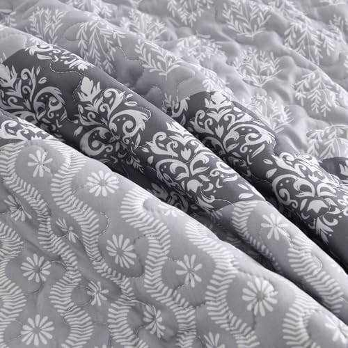 Boho Quilt Set Queen Size Gray Farmhouse Quilt Bedding Set Striped Lightweight Summer Bedspread Coverlet Bedding Set 96"x90" (3 Pieces) Cottolester