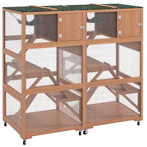 PawHut Catio, Outdoor Cat Enclosure House, Wooden Feral Cat Shelter on Wheels, Cat Cage with Hammock, Platforms Ramps, and Weather Protection Asphalt Roof, 34", Orange - WoodArtSupply