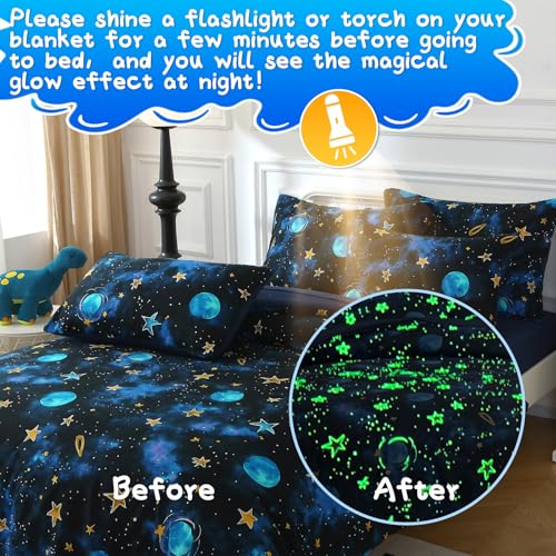 Aqzuxira Glow in The Dark Kids Comforter Set, 7 Pieces Blue Space Bedding Set Full Size for Boys Girls Teen, 1 Comforter, 2 Pillowcases, 2 Pillow Shams, 1 Flat Sheet, 1 Fitted Sheet Aqzuxira