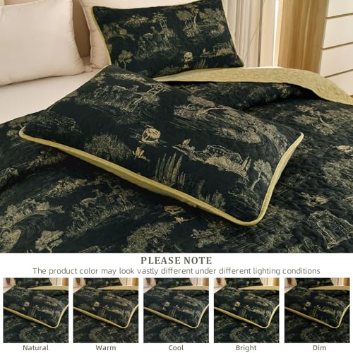 Drucon Black Farmhouse Quilt Set King Size, Toile Rustic Bedspreads, 3 Pieces Village Landscape Printed Coverlet, Soft Microfiber Quilt Bedding Set for All Season (106x90 Inch) Drucon