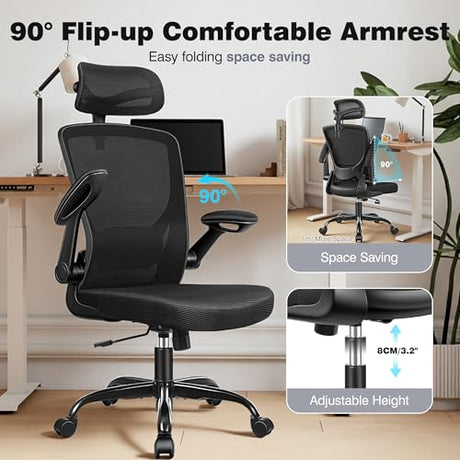 BESTFAIR Ergonomic Office Desk Chair Comfy, High Back Mesh Office Desk Chairs with Adjustable Lumbar Support, Headrest, Flip-up Armrests, Home Computer Chair for Gaming, Work, Black BESTFAIR