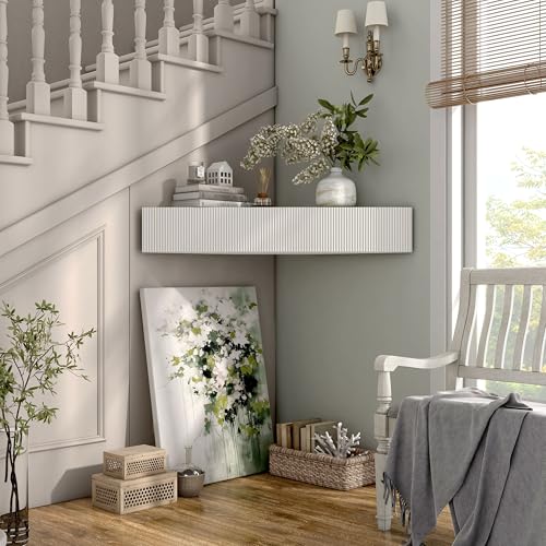 24/7 Shop at Home French 47 inch Modern Floating TV Console Table with 3D Wavy Panel Door, Wood Entertainment Center with Storage Space, Wall Corner Shelf for Living Room, Bedroom, Office, White Pure 24/7 Shop at Home