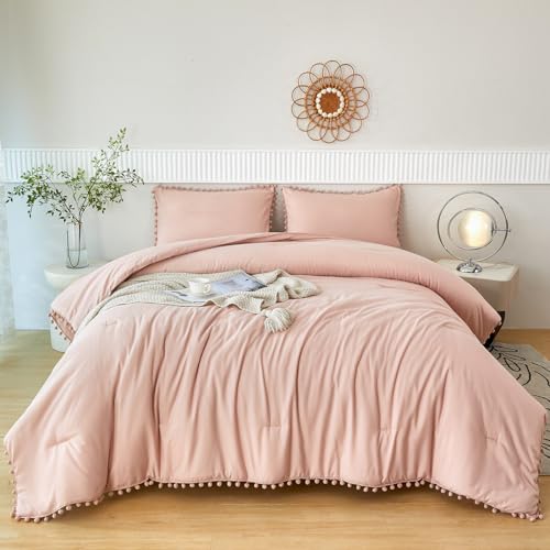 PERFEMET Blush Twin Bed in A Bag for Girls 5 Pcs Boho Pom Pom Bed Comforter Set with Sheets Soft Lightweight Pink Plain Bedding for Kids Teens(Blush, Twin) PERFEMET