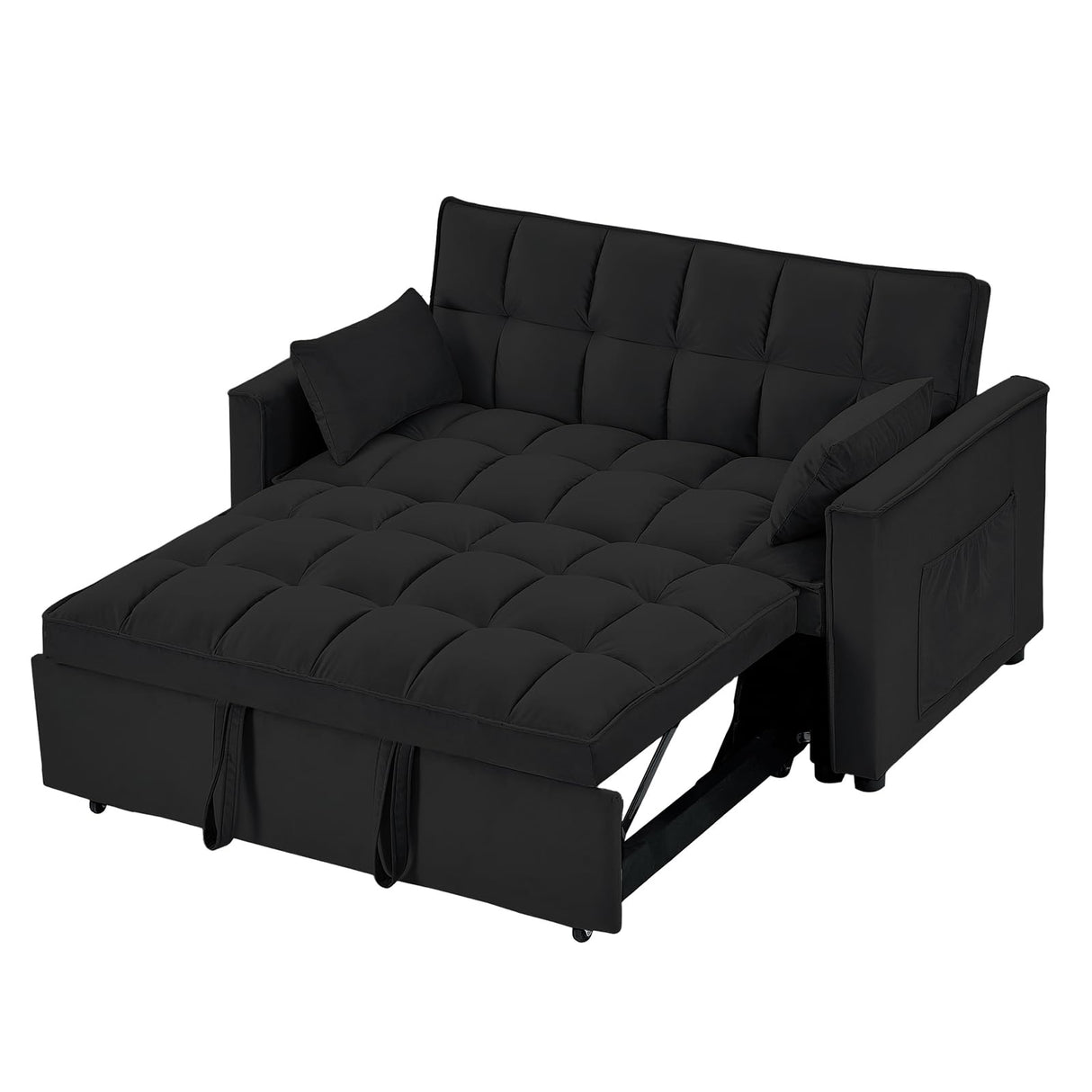 KIVENJAJA Convertible Sleeper Sofa Bed, Velvet Tufted Loveseat Couch with Pull Out Bed, Small Love Seat Futon Lounge Sofa Bed with 2 Pillows for Living Room Apartment, 55.2”W (Black) KIVENJAJA