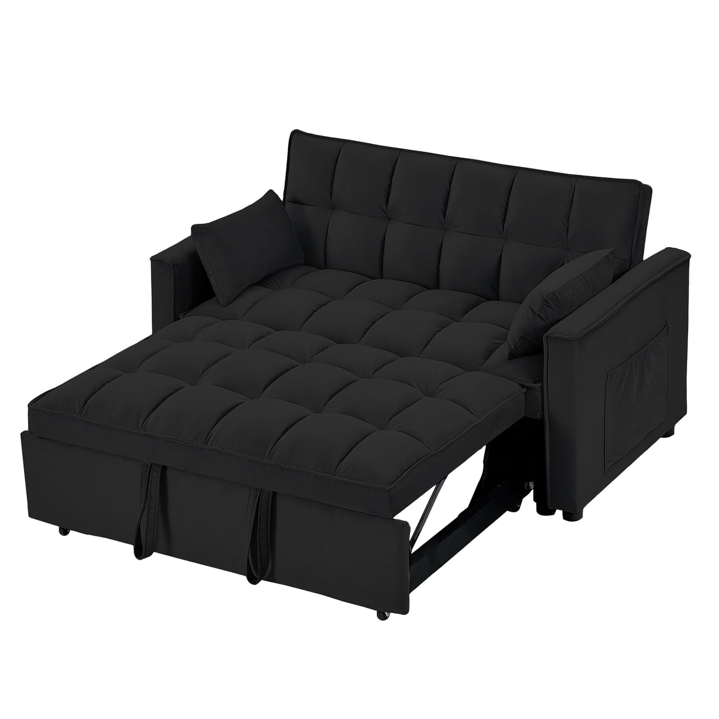 KIVENJAJA Convertible Sleeper Sofa Bed, Velvet Tufted Loveseat Couch with Pull Out Bed, Small Love Seat Futon Lounge Sofa Bed with 2 Pillows for Living Room Apartment, 55.2”W (Black)