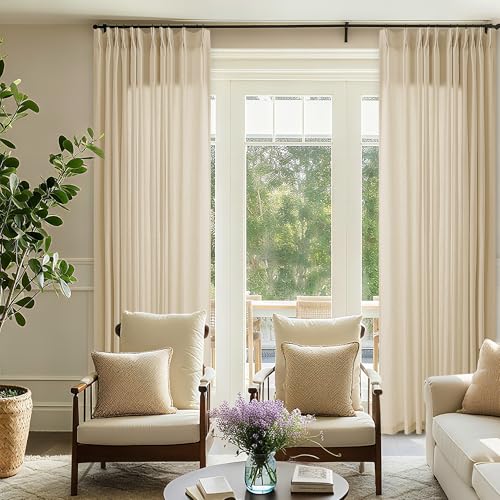 Beige Tan Linen 102 Inch Curtains 72 Inch Wide for Living Room Divider Privacy Pinch Pleated Drapes Hooks Rings Back Tab Farmhouse Light Filtering Extra Wide Sheer Curtains for Patio Balcony 72x102 DUKIYO