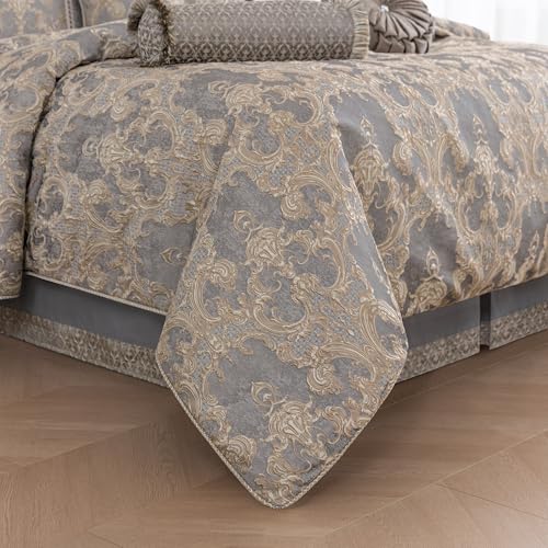 Loom and Mill 9-Piece Jacquard Comforter Set Queen, Royal Elegant Damask Design Comforter Sets, Luxury Bedding Set with Bed Skirt, Euro Shams, Decorative Pillows, All Season(Gray+Beige Brown, Queen) Loom and Mill