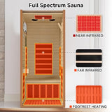 springspa Infrared Sauna for Home, 1 Person Home Sauna with Red Light Therapy, Canadian Hemlock Wooden Dry Saunas Room with Bluetooth Speakers, 1178 W/120V, 15 Minutes Pre-Warm up springspa