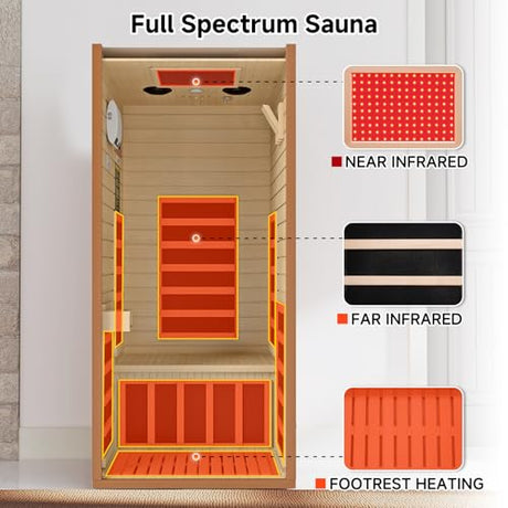 springspa Infrared Sauna for Home, 1 Person Home Sauna with Red Light Therapy, Canadian Hemlock Wooden Dry Saunas Room with Bluetooth Speakers, 1178 W/120V, 15 Minutes Pre-Warm up springspa