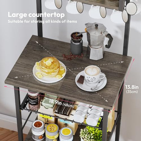 SWTYMIKI Coffee Bar Station Rack - Bakers Rack Corner Coffee Stand Station, Bar Cabinet for Kitchen with Hooks Grey SWTYMIKI