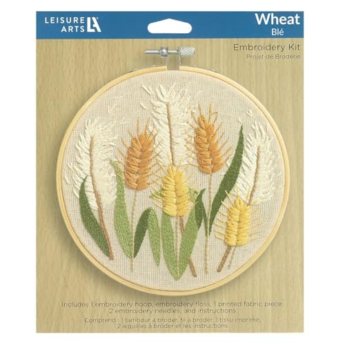 LEISURE ARTS Embroidery Kit 6 Inch Wheat - Beginner Hand Stitching Kit with Hoop, Needle, Thread, Printed Fabric, and Instructions for Adults and DIY Crafters