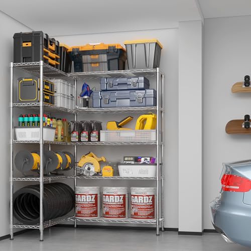 L Shaped Adjustable Storage Shelves, 57.87x13.78x70.87in Adjustable 5 Tier Wire Shelving Unit, Heavy Duty Garage Corner Shelf, Metal Standing Shelf Units, Pantry Shelf for Corner Laundry Closet SESAISHEIR