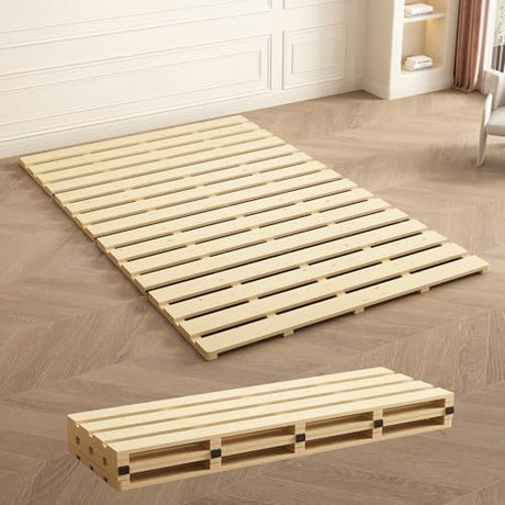 LOBOTOU Queen Size Foldable Wood Bed Slats, Breathable Wooden Mattress Support Base, Japanese Tatami Floor Bed Frame for Guest Bedroom, Easy to Store (Queen (U.S. Standard)) LOBOTOU