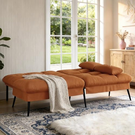 COMHOMA 72″Futon Sofa Bed,Modern Convertible Sleeper Sofa, Fabric Futon Couch with Multi-Position Backrest for Living Room Furniture (Brown) COMHOMA